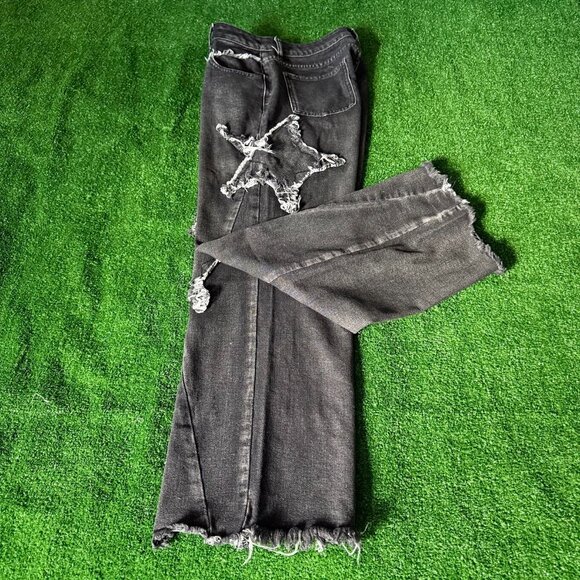 SHEIN Star Pattern Raw Trim Straight Leg Black Jeans Denim Pants Petite Size S - Picture 3 of 14